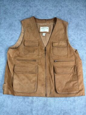 Orvis Leather Vest XL Fishing Hunting Utility 10 Pocket Brown Zip USA Style